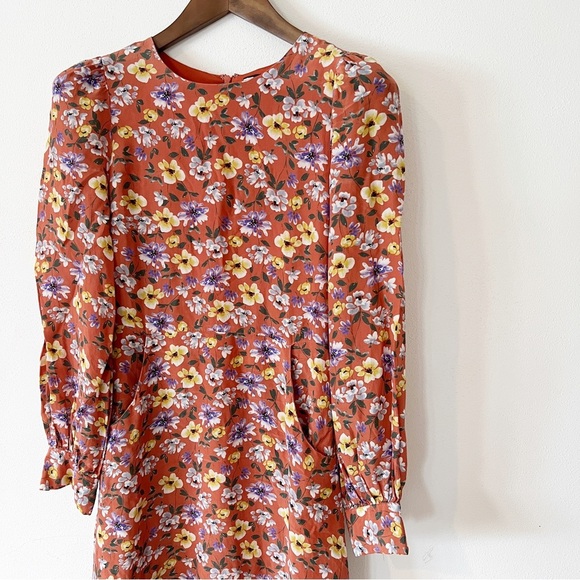 Yumi Kim So Amazing Rust Silk Floral Love Me Tender Dress Long Sleeves Pockets - Picture 5 of 14